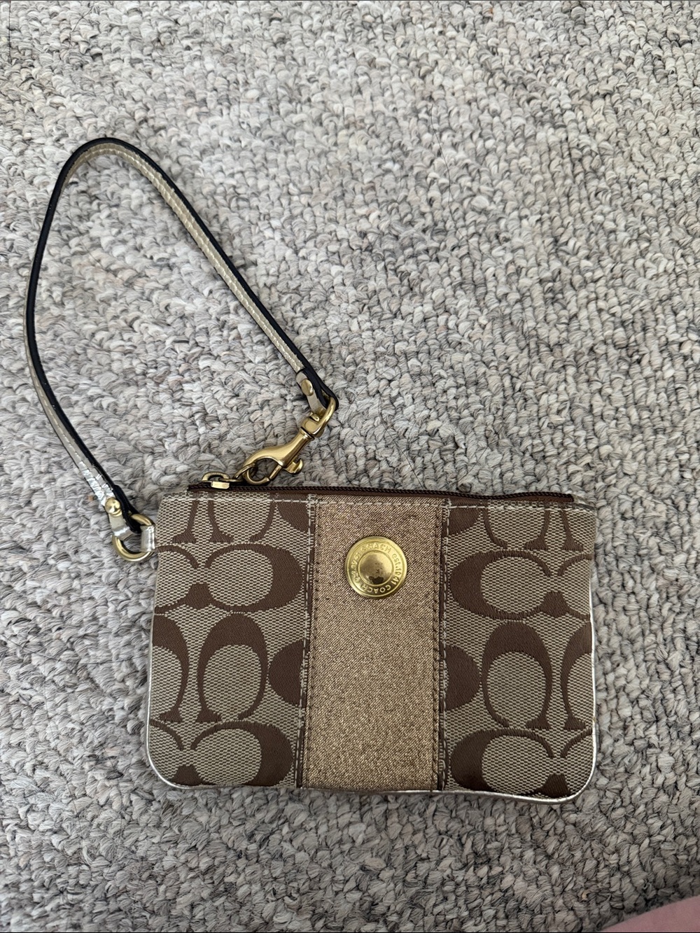 Coach Brown Signature Wristlet with Gold Accent